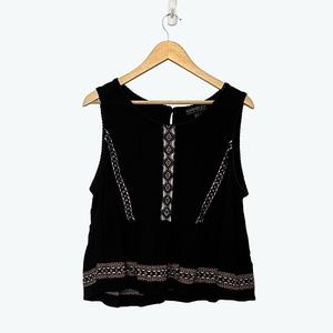 Forever 21+ Black Boho Sleeveless Shirt, Embroidered, Crochet Edging, 1X